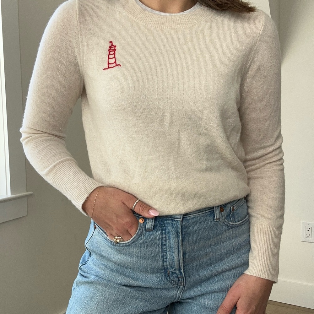 J. Crew Cashmere Cream Sweater with custom Red lighthouse Embroidery